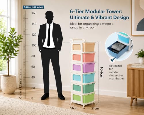 Image of Heavy Duty Plastic Storage Drawer with Wheels | Modular Cabinet for Bedroom, Office, Home or Classroom| Chest of Drawers Organiser for Cosmetics, Kitchen items, Toys (Multicolor, 6)