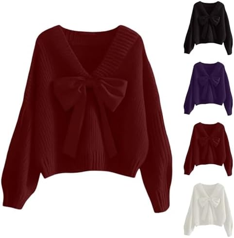 Valentines Sweater Women Long Sleeve V Neck Knitted Bow Sweaters Cute Pullover Sweatshirt Holiday Tops Outfit
