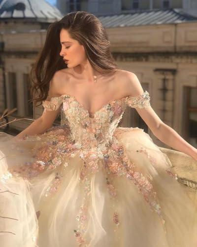 2023 Champagne Quincenera Dresses Off The Shoulder Princess Dresses Elegent Prom Ball Gowns with Train2