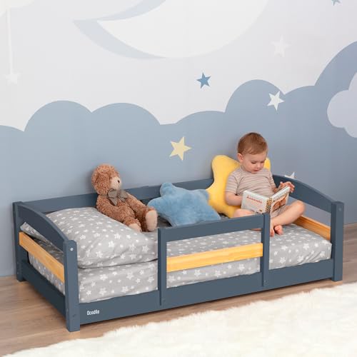 Ocodile Toddler Bed with Rails | Low Montessori Floor Bed Frame for Kids | Standard Crib Size Wooden...