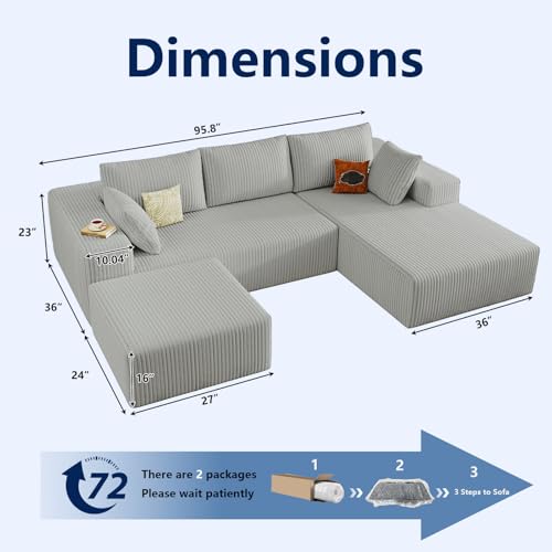 Image of 96 inch Modular Sectional Sofa with Ottoman, Modern Corduroy Cloud Couch with Deep Seat, Boneless Couch Upholstered 3-Seater U-Shaped Sofa for Living Room, No Assembly (Light Grey, Right-Facing Chaise)