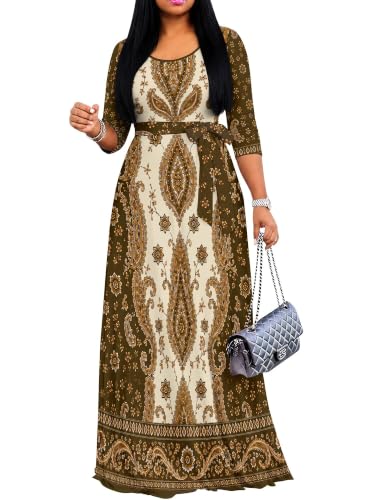 Image of Women's V Neck Floral Maxi Dress 3 /4 Sleeve Plus Size Boho Wrap Flowy Long Dresses with Belt