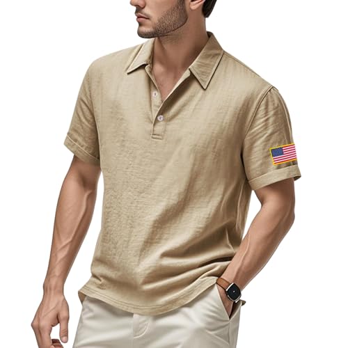 Men's Linen Polo Shirt American Flag Embroidery Tees Short Sleeve Classic V Neck Loose Patriotic Tops Golf Pullover