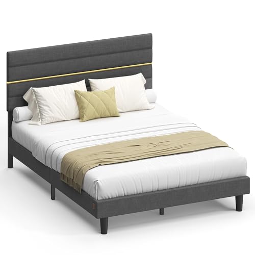 VASAGLE Marco de Cama Matrimonial, Marco para Colchón de 135 x 190 cm, Cabecero Acolchado Ajustable, Metal y Madera, Estilo Moderno, Gris Pizarra RMB506GN01