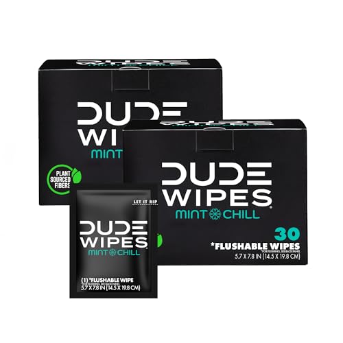 DUDE Wipes On-The-Go Mint Chill Travel Wipes - 2 Pack 60 Count (Individually Wrapped) - Extra-Large Adult Flushable Wipes - Infused with Tea Tree Oil Vitamin E and Aloe - Septic and Sewer Safe