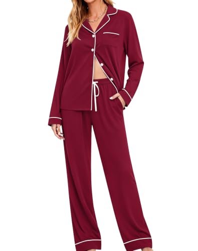 Image of SWOMOG Womens Pajamas Set Long Sleeve Sleepwear Button Down Nightwear Soft Cotton Pj Lounge Sets