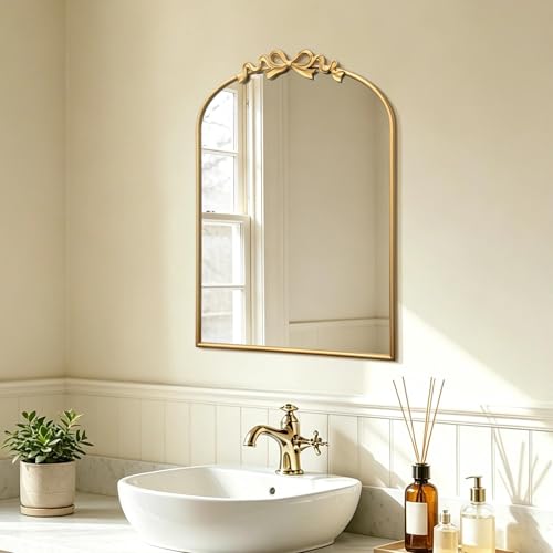 Image of Besdomus Bow Arched Gold Mirror: 22 inchx30 inch Gold Antique Vanity Wall Mounted Mirror - Vintage Baroque Traditional Ornate for Bedroom /Bathroom /Makeup Vanity - Wall Decor for Teen Girl