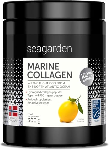 Seagarden Polvo de Colágeno Marino Puro Noruego - Colágeno Hidrolizado Tipo I de Bacalao Ártico Salvaje, Para Piel, Cabello, Uñas, Tendones, Músculos - 300 g (2 Meses, Limón)