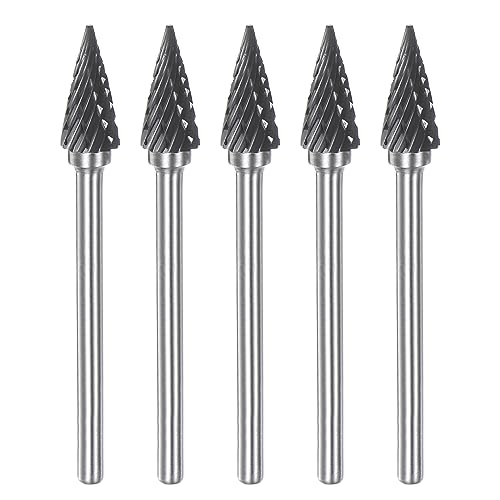 sourcing map 5uds Carburo Fresas Rotativas 1/8' (3mm) Vástago 1/4' (6mm) Cabeza Doble Corte Cono 60 Grados Forma m Limas para Esmeriladora Matrices Archivos Raspadores para Pulido Grabado