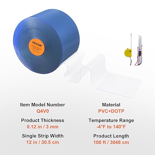 Image of VEVOR Strip Curtain, 100' Length x 12 inch Width x 0.12 inch Thickness, Clear PVC Smooth Curtain Strip Door Bulk Roll, Plastic Door Strips for Doorway of Supermarket, Garage, Warehouse, Barn, Pet Animal House