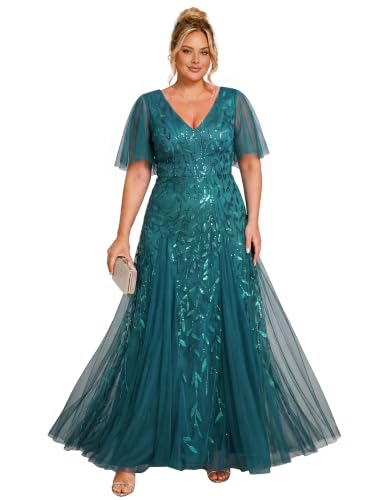 Image of Ever-Pretty Women's Sequin V Neck Plus Size Formal Dresses Evening Gown | Short Sleeve, A-Line, Empire Waist, Plus Size Mother of the Bride Dresses, Plus Size Gala Dress