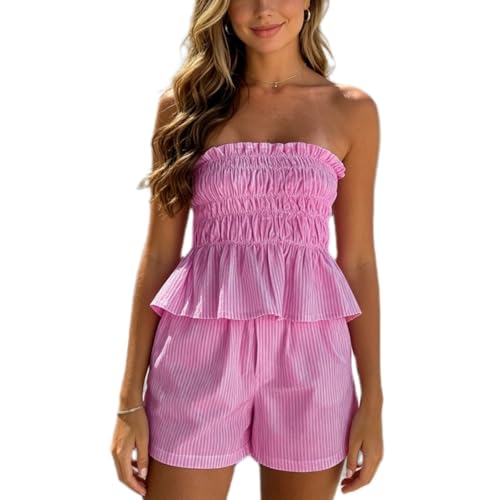 Image of Yuemengxuan Women Shirred Top Shorts Summer Outfits Set 2 Piece Striped Pajamas Set Sleeveless Ruched Bandeau Tube Top Shorts