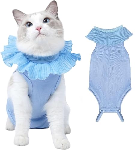 YOASONEK 術後服 猫 猫服 猫用術後衣服 ナーシング・ガーメント 無地 介護服 皮膚保護 不妊手術 傷口保護 傷舐め 引っ掻き防止 男の子 女の子 兼用 (ブルー, L)