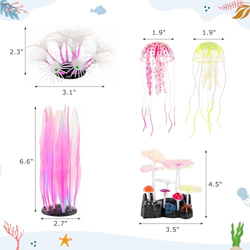 Image of Lpraer 5 Pack Glow Aquarium Decorations Kelp Coral Mushroom Sun Flower Jellyfish Simulation Glow Plant Glowing Effect Silicone for Fish Tank Decorations