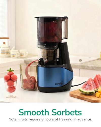 Image of Canoly C09 Cold Press Juicer, 6 inch Extra Wide Feed Chute, 3-IN-1 Strainers (Juice & Sorbet & Nut Milk), Powerful AC Brushless Motor, Self Precut System, Juicer Machines with BPA-Free (Blue)