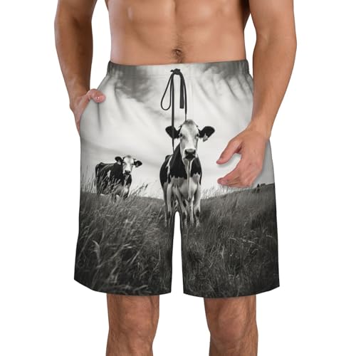 Cow in Black Print Mens Casual Shorts Drawstring Summer Beach Stretch Shorts Novelty Swimtrunks