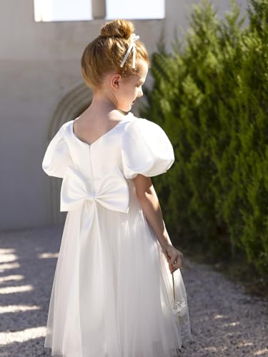 MCieloLuna Satin Tulle Flower Girl Dress Puffy Short Sleeve O Neck Pearls Girls Pageant Princess for Wedding Gowns with Bow3