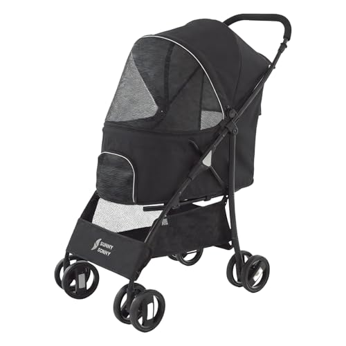 Sunny Sonny Faltbarer Jogger Haustier-Kinderwagen mit Wetterabdeckung Aufbewahrungskorb Haustier-Tragetasche für S/M Hunde und Katzen bis zu 15 kg (schwarz)