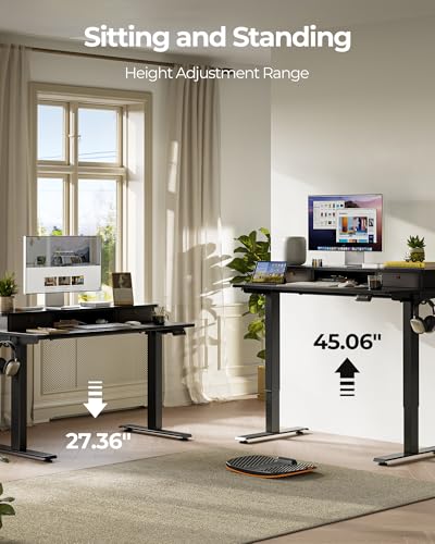 Image of FEZIBO 40 x 24 Inch Height Adjustable Electric Standing Desk with Double Drawer, Stand up Home Office Computer Desk with 4 Height-Adjustable Feets & 2 Hooks, Black