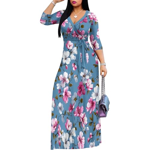 Image of Women Plus Size Long Sleeve V Neck Maxi Dress with Belt | Soft fabric relaxed fit three quarter sleeve v neck with pockets for party and daily wear