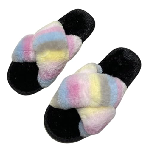 Women's Multicolor Fuzzy Fluffy Slippers Comfy Cross Band House Shoes Memory Foam Open Toe Indoor Outdoor Sandals Gifts for Ladies
