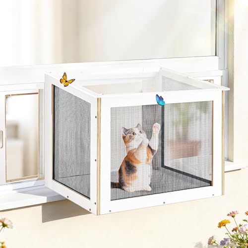 Cat Window Box Wooden Outdoor Catio Window Enclosure with Clear Acrylic Roof & Bug-Proof Mesh Universal Cat Window Perch with PVC Curtain for Sunbathing & Napping Fits Vertical Windows 2543 W