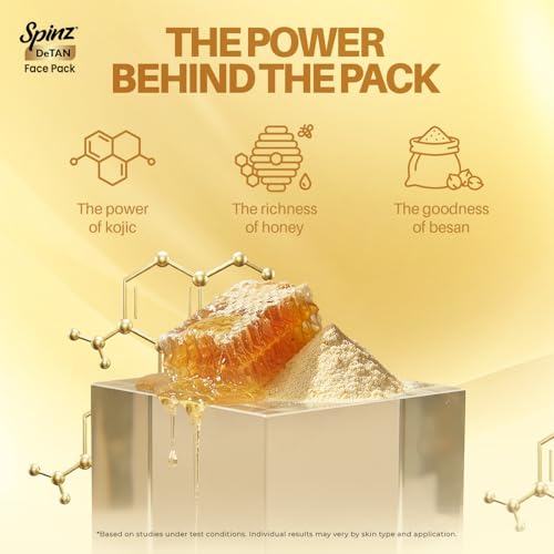 Image of Spinz DeTan Face Pack with Besan, Honey & Kojic Acid | Tan Removal cream for Brightening & Glow | Salon-like Glow in 15 mins | 72g, Pack of 6 (12g x 6)
