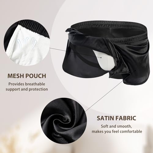 AMY COULEE Mens Sexy Satin Shorts Large Split Side Boxers Silky Pajamas Sleepwear with Pouch Liner2