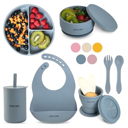 Image of Bouncy Silicone Feeding Set, 8 PCS Baby Led Weaning Supplies with Plates, Utensils, Spoon, Fork, Adjustable Bib, Silicone Feeding Set (Blue-Grey)