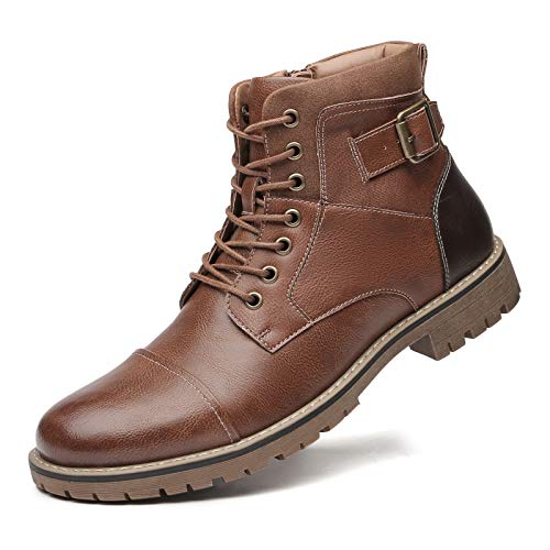 Mens Brown Casual Motorcycle Boots - Business Military Dress Ankle Work Boots for Men Oxfords Cap Toe Waterproof Non-Slip Leather Zipper Fall Boots
