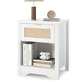 HOMREST Rattan Nightstand, Farmhouse Bedside Table with Drawer & Open Storage Shelf, Boho Night Stand with Metal Handle & Sturdy Frame for Bedroom, Living Room （ White）