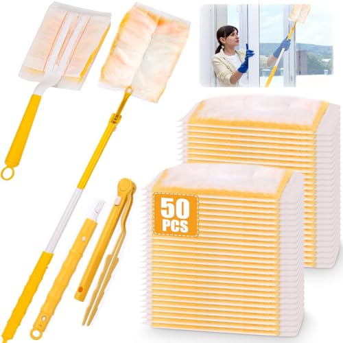 52 Piezas Kit Plumero Atrapapolvo para Swiffer, Recambios para Plumero de Polvo, Colector de Polvo Electrostático con 1 Mango Largo Y 1 Mango Corto, Imanes para Polvo para Pelo de Animales Suciedad