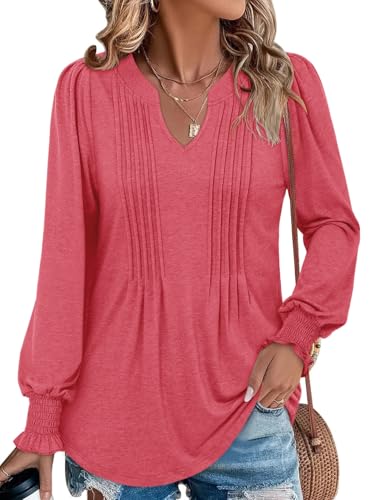 BETTE BOUTIK Long Sleeve Shirts for Women Fall Tops Dressy Blouses Pleated V Neck Tunic Tops for Leggings S-3XL