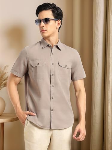 Image of Thomas Scott Men's | Solid | Half Sleeve | Slim Fit | Linen Blend | Double Flap Pocket | Spread Collar | Casual Shirt for Men