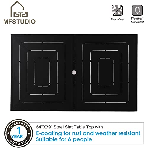 Mfstudio 7 Pieces Outdoor Patio Dining Set For 6, Steel Frame Slat Larger Rectangular Fretwork Table With 1.77" Umbrella Hole And 6 Stackable Metal Mesh Chairs For Backyard, Garden, Lawn #TOP2