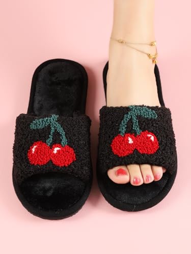 Cherry Slippers Women Slippers for Home House Bedroom Sandals Warm Fuzzy Plush Slides Flip Flop Indoor Outdoor Cherries Fruit Shoes2