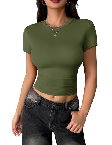 Zeagoo Damen Basic T Shirt Kurzarm Rundhals Tshirt Eng Sommer Oberteile Einfarbig Stretch Top Casual Bequem Tee Shirt Armeegrün M