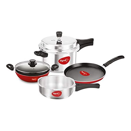 Pigeon by Stovekraft Induction Base 4-in-1 Starter Kit, Silver, Aluminium (Pressure Cooker, Pressure Pan, Tawa, and Kadhai Set)