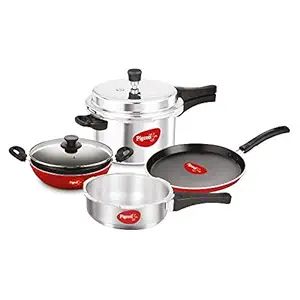 Pigeon by Stovekraft Induction Base 4-in-1 Starter Kit, Silver, Aluminium (Pressure Cooker, Pressure Pan, Tawa, and Kadhai Set)