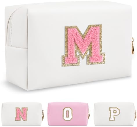 Personalized Makeup Bag Initial A-Z Preppy Patch Bag,Small PU Leather Travel Cosmetic Bag Pouch with Zipper,White Cute Toiletry Bag,Gift Ideal for Teen Girls Women Birthday Friend Mom,Letter M