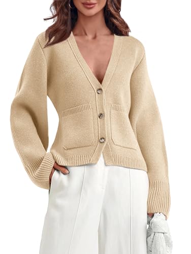 Image of Saodimallsu Womens Button Down Cardigan Sweaters Cropped Deep V Neck Open Front Long Sleeve Fall Knit Sweater Coats Apricot, Small