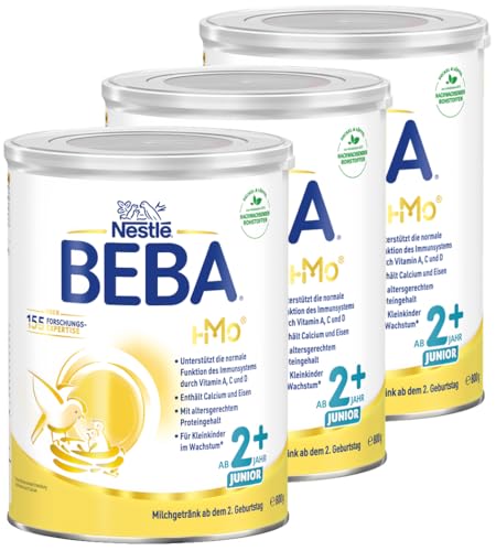 BEBA Junior 2+ Milchgetränk ab dem 2. Geburtstag, Mit HMO, Altersgerecht angepasster Proteingehalt, Nur Laktose, Ohne Palmöl, Ohne Fischöl, Kleinkindnahrung, Baby-Milchpulver, 3er Pack (3 x 800g)