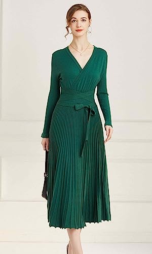 Image of Women's Long Sleeve Sweater Dress Ankle Length Fall Dress Vneck Knit Winter Dress