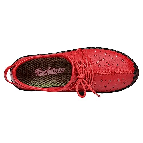 Image of Women'S Hollow Leather Lace Up Flat Loafers,Lightweight Breathable Casual Comfort Non-Slip Walking Shoes Handmade Beef Tendon Soft Sole Mom Nurse Shoes