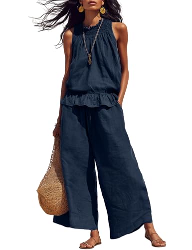 Conjunto de dos piezas para mujer en algodón y lino cómodo con volantes elegantes y pantalón ancho