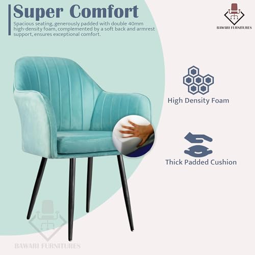 Image of Plush Dining Chair | Accent Chair for Living Room Bedroom Restuarant | Velvet Fabric & Thick Cushion Seat with Sturdy Glossy Metal Legs (Black Legs, Sky Blue)