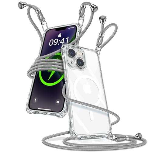 iPhone 14 用 ケース クリア ショルダー MagSafe対応 iPhone14 スマホケース 携帯ストラップ マグセーフ対応 アイフォン14 カバー 肩掛け 斜めかけ 縄掛けケース 透明 TPU 携帯ケース 紐付き 織りストラップ付き 長さ調整可能 取り外し可能 落下防止 紛失防止 ワイヤレス充電対応(シルバー)