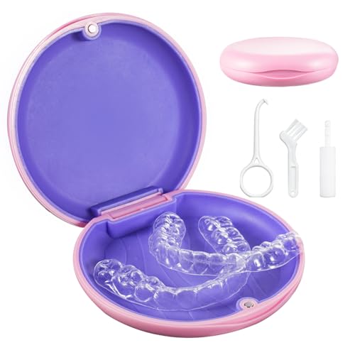 Magnetic Retainer Case with Remover Tool Chewies and Brush Orthodontic Dental Mouthguard Box False Teeth Container Denture Holder Case for Braces Bleaching Trays Dentures - Pink