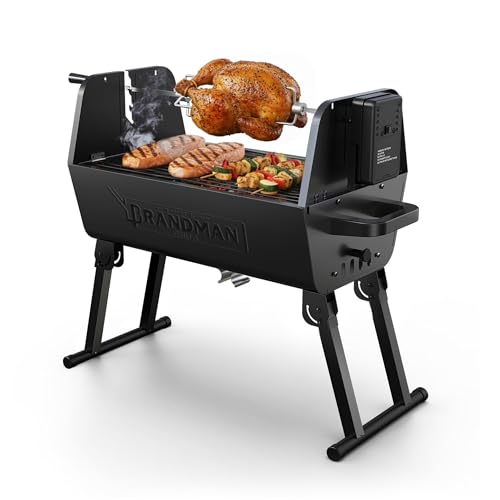 BRANDMAN GRILLS SINCE 1987 2‑in‑1 Charcoal BBQ Grill with Motorized Rotisserie – Portable, Foldable Grill, 257 sq in Outdoor BBQ Grill for Camping & Tailgate, Adjustable Height, Dual Vents