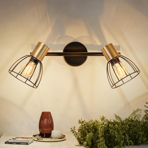 CBJKTX Wandleuchte für innen Vintage Wandlampe E14 Wand Schwarz Wandbeleuchtung Schwenkbar 350° Flurlampe 2 Flammig Retro Metall Wandspot für Treppen Flur Wohnzimmer Schlafzimmer (Ohne Leuchtmittel)